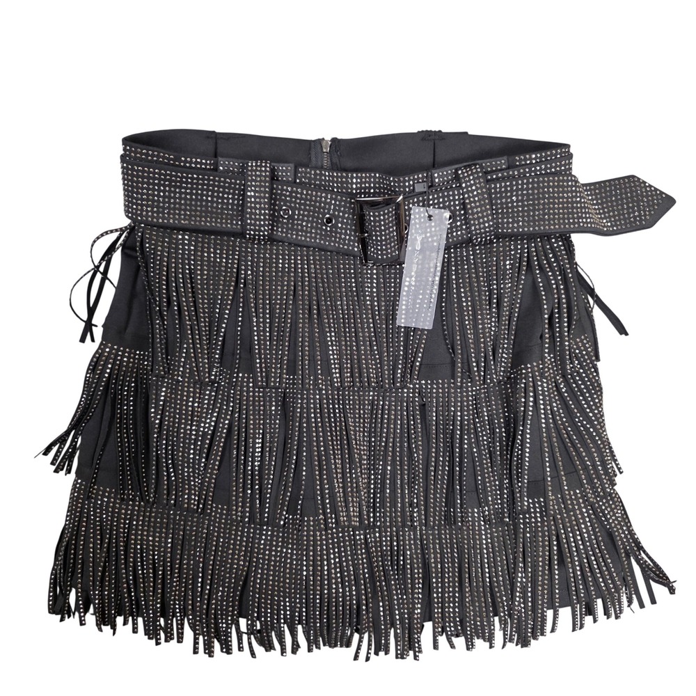 Nylon Apparel Studded Fringe Mini Skirt‎ Chunky Belted Women M Black NEW Gothic